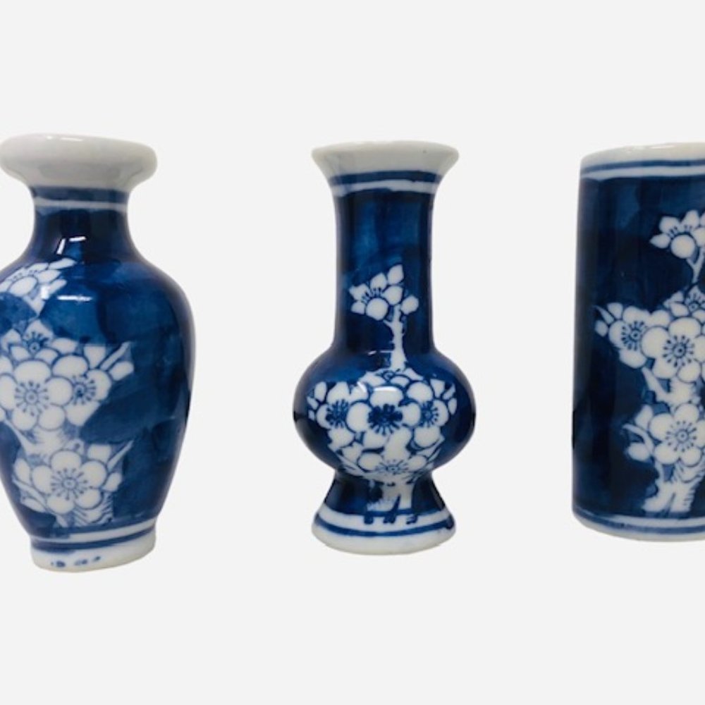3 Oriental/Asian Miniature Cherry Blossom Bud Vases -Cobalt Blue and White -